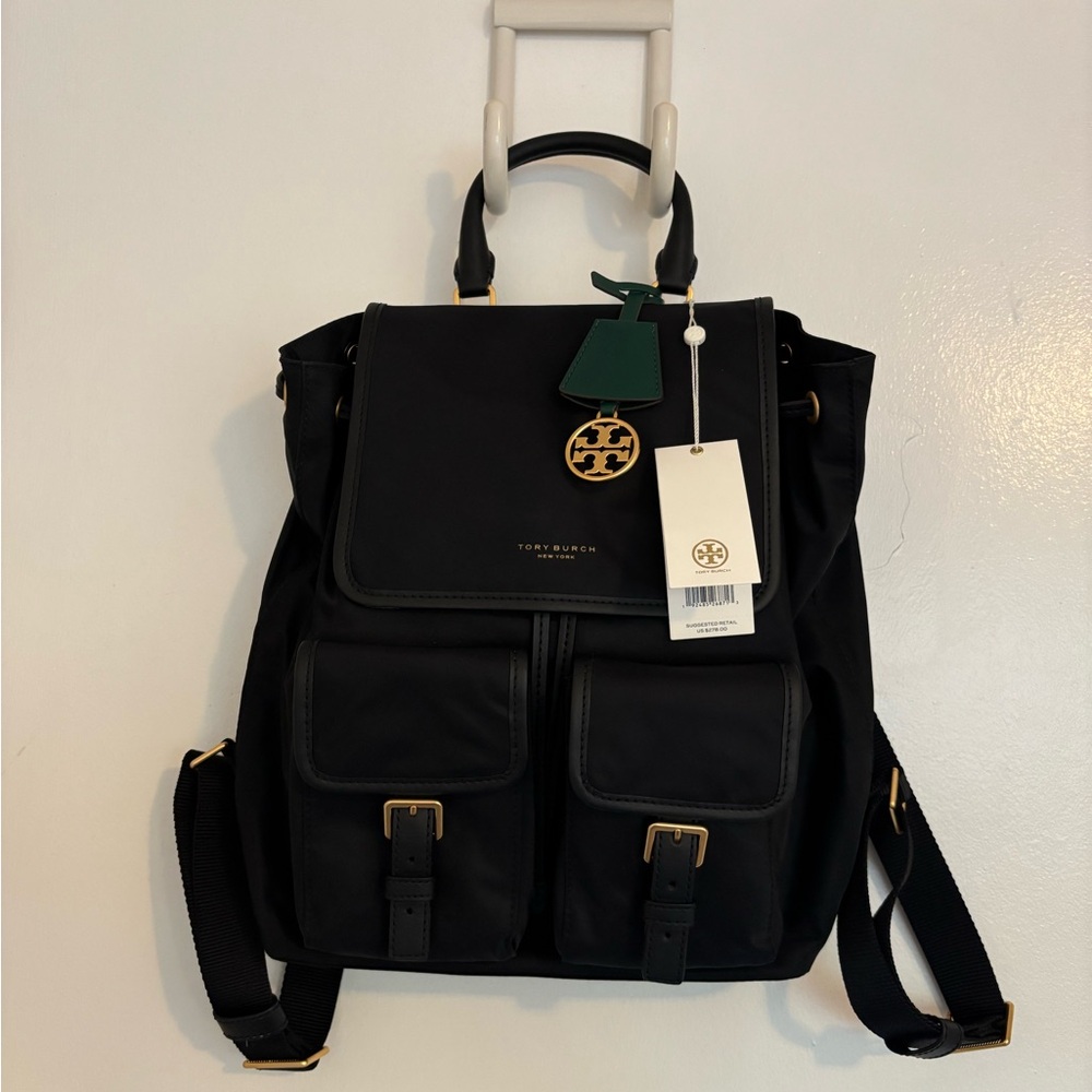 NWT Tory Burch Black Perry Nylon Flap Backpack